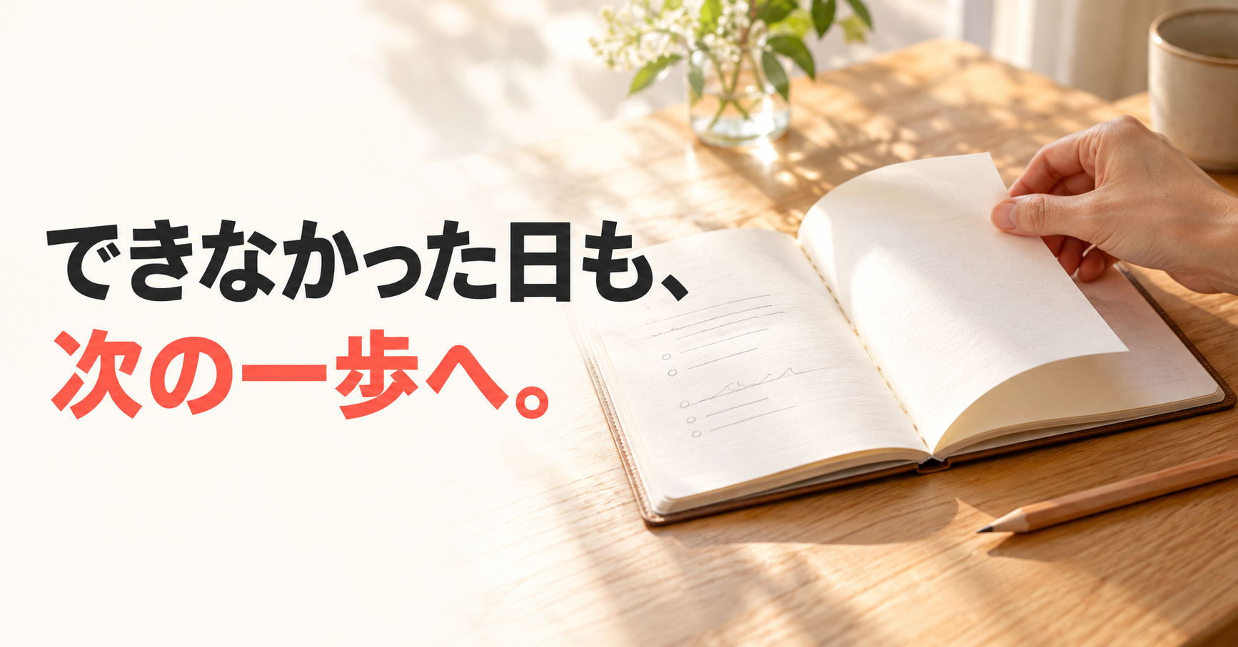 できなかった日も、次の一歩へ。机の上で振り返りのノートをめくる手元