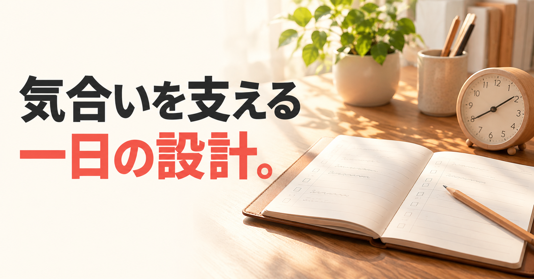 気合いを支える、一日の設計。朝日が差す机に予定を書くノートと時計