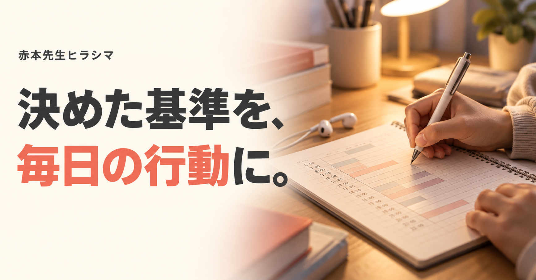 決めた基準を、毎日の行動に。一日の予定を書き込むノートとイヤホン