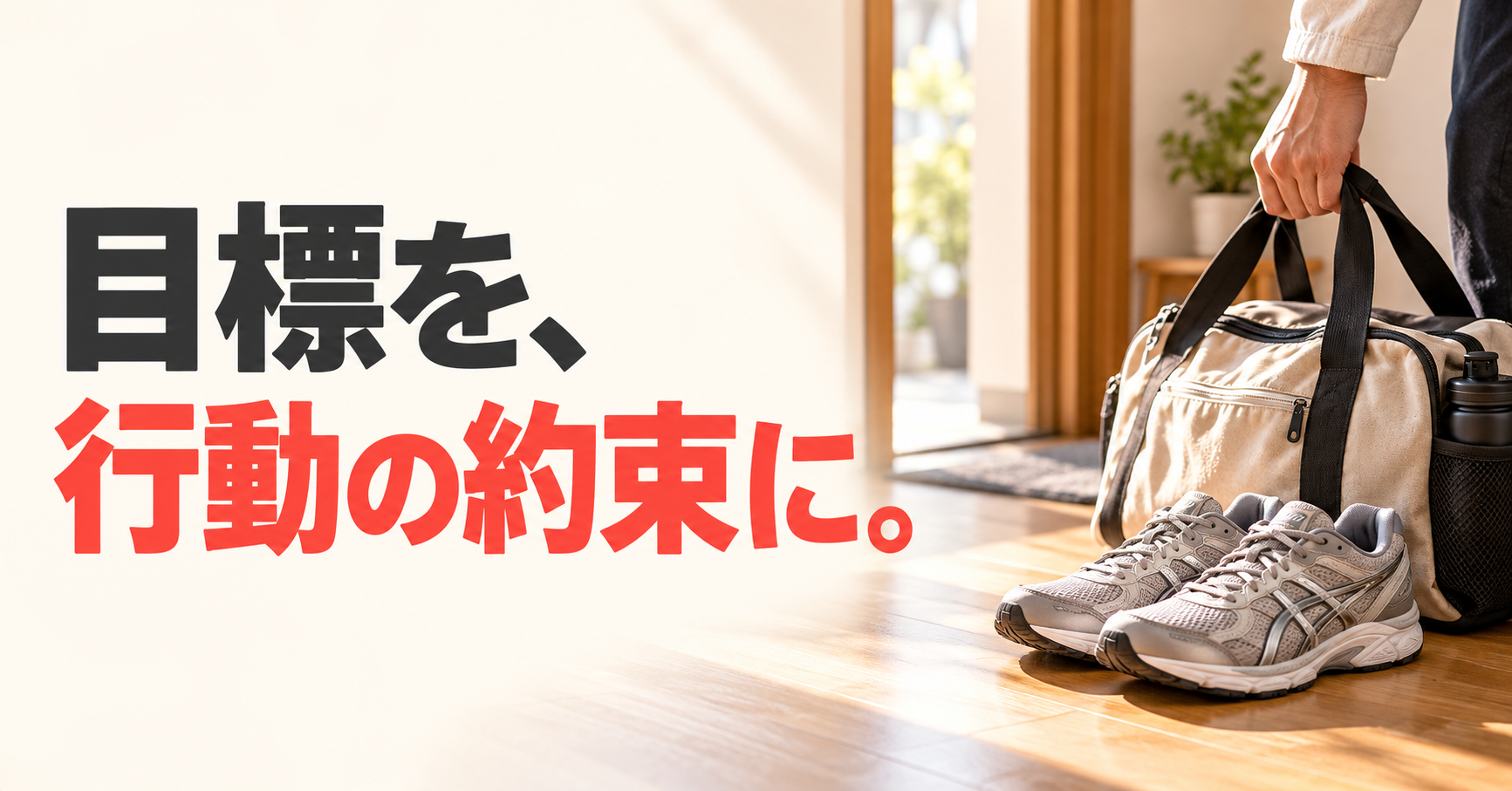 玄関に用意した運動靴とバッグ、バッグを持つ手元に、「目標を、行動の約束に。」の文字。