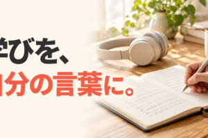 学びを、自分の言葉に。ヘッドホンを置いた机でノートに学びを書き留める手元