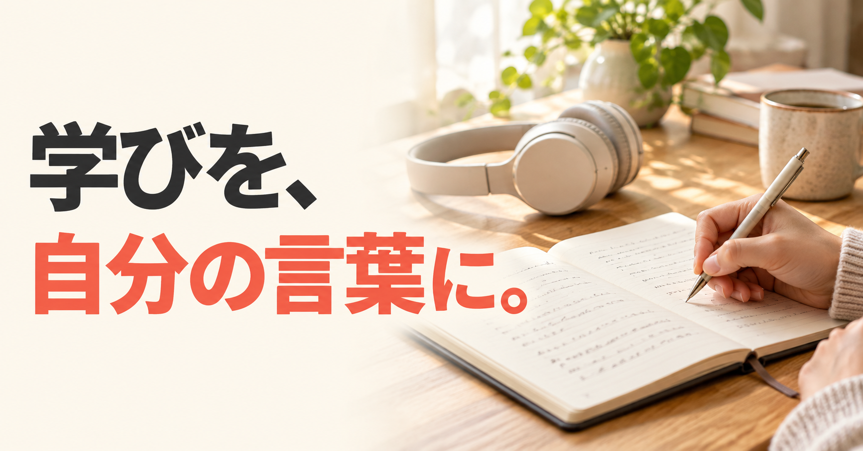 学びを、自分の言葉に。ヘッドホンを置いた机でノートに学びを書き留める手元