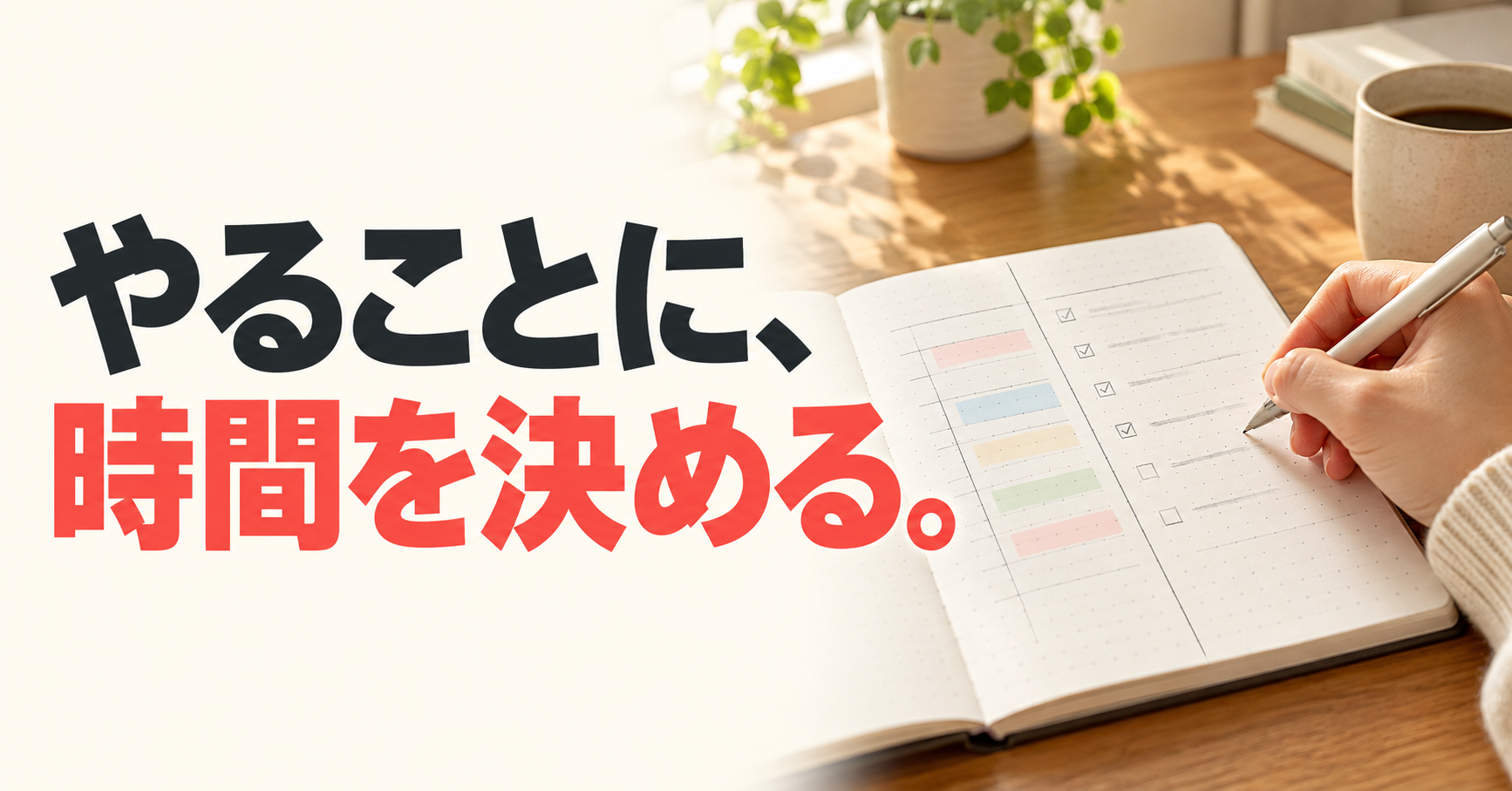 時間割とToDoリストを分けたノートに書き込む手元と、「やることに、時間を決める。」の文字。