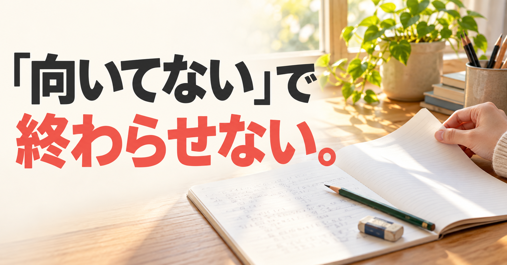朝の光が差す机でノートのページをめくる手元と、「『向いてない』で終わらせない。」の文字。