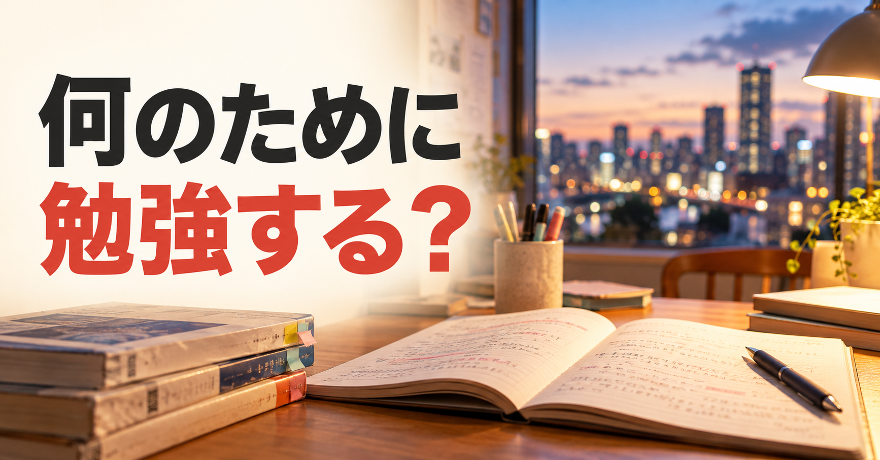 夕暮れの街を望む机の上のノートと参考書に、「何のために 勉強する？」の文字。