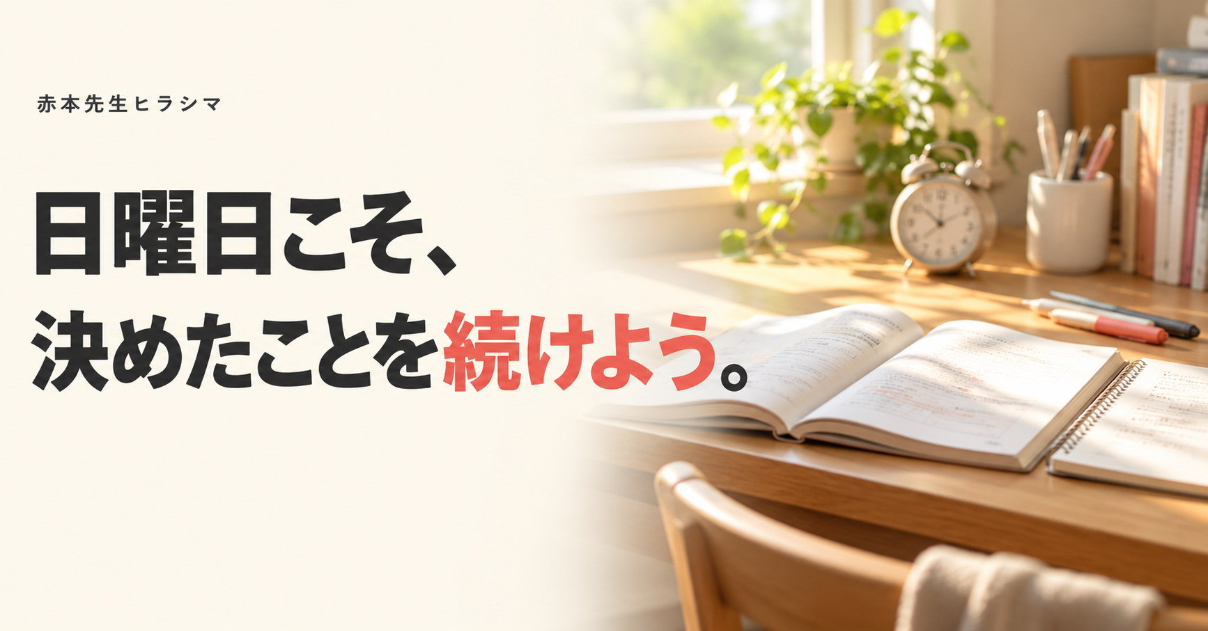 日曜日こそ、決めたことを続けよう。朝の光が差す勉強机と問題集、目覚まし時計