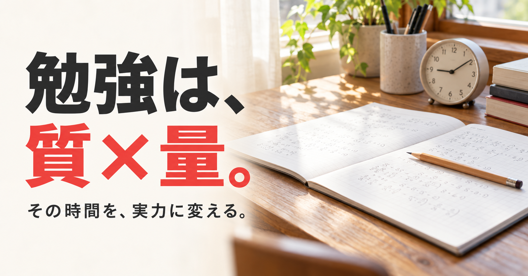 自然光の差す机のノートと時計に、「勉強は、質×量。」「その時間を、実力に変える。」の文字。