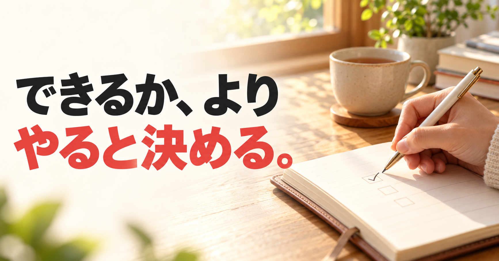 朝の光が差す机で手帳にチェックを入れる手元と、「できるか、より やると決める。」の文字。