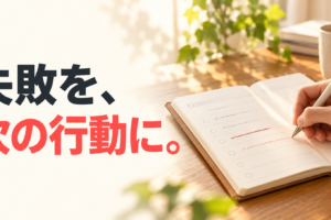 朝の光が差す机で手帳の予定を書き直す手元と、「失敗を、次の行動に。」の文字。