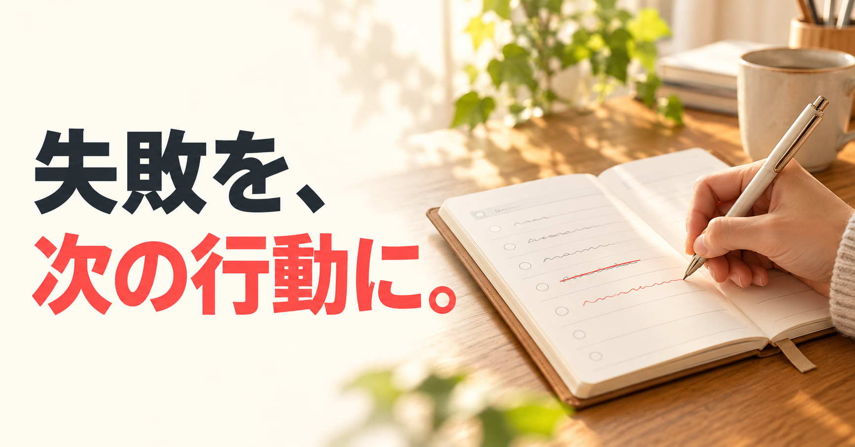 朝の光が差す机で手帳の予定を書き直す手元と、「失敗を、次の行動に。」の文字。